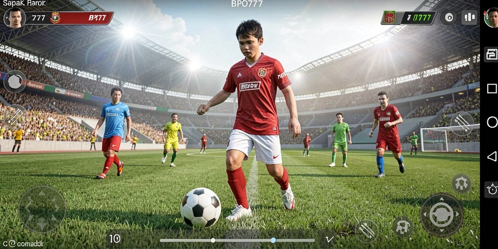 Tampilan gameplay mendebarkan dalam BPO777 yang menunjukkan aksi sepak bola.