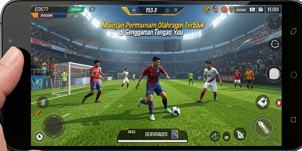 Tangkapan layar gameplay EOS77 menunjukkan momen mendebarkan dalam pertandingan olahraga.