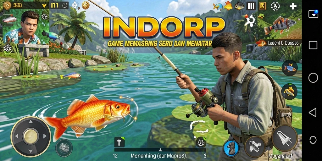 Screenshot INDORP menampilkan pemain menangkap ikan besar di danau yang indah.