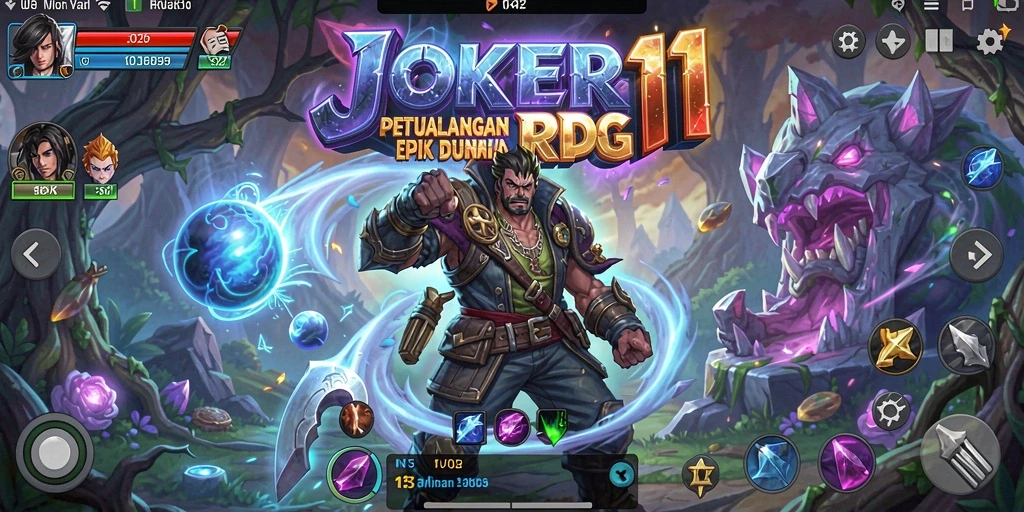 Screenshot gameplay JOKER11 menunjukkan pertempuran epik dan pemandangan fantastis.