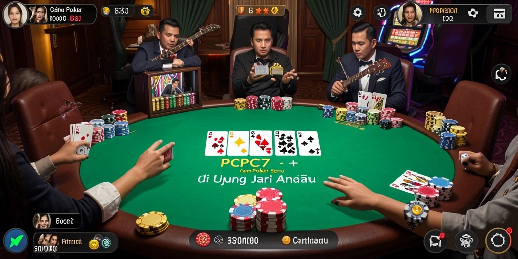 Tampilan gameplay utama PCPC7 yang menampilkan suasana poker yang mendebarkan.