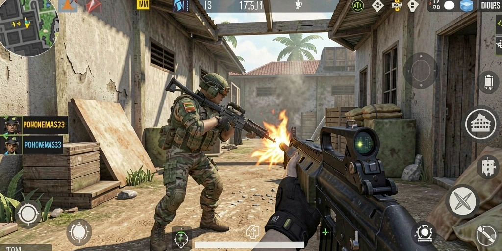 Screenshot tampilan gameplay POHONEMAS33 dengan aksi tembak-menembak yang mendebarkan.