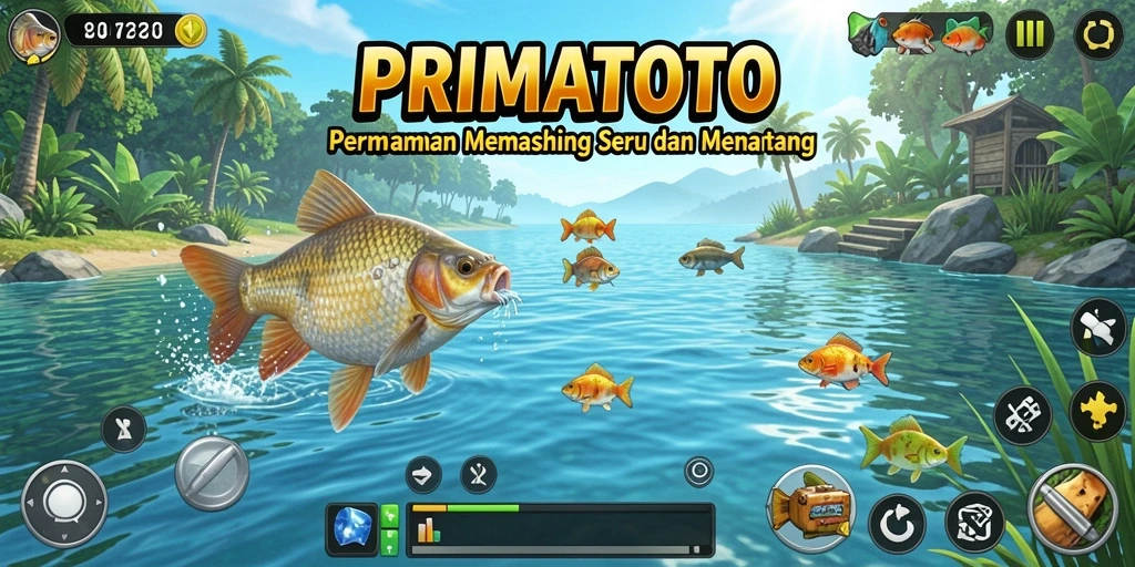 Tampilan gameplay PRIMATOTO saat menangkap ikan besar di danau.