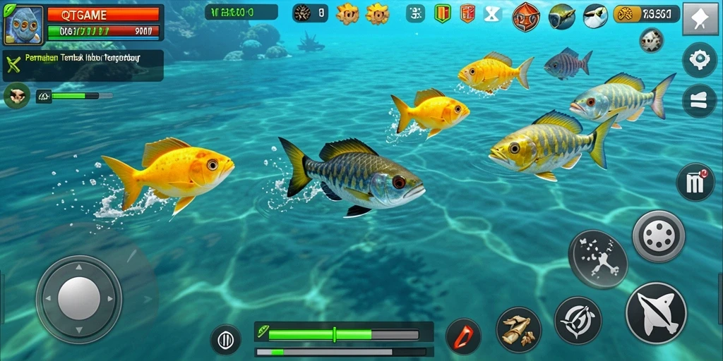 Tampilan gameplay QTGAME dengan aksi menembak ikan yang seru.