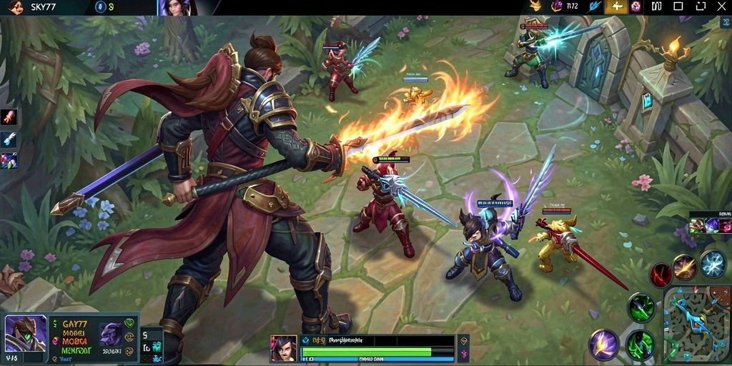 Tampilan menarik dari gameplay <strong>SKY77</strong> dengan aksi pertarungan MOBA.