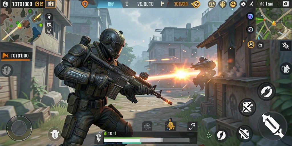 Screenshot TOTO1000 menampilkan aksi tembak-menembak yang mendebarkan.